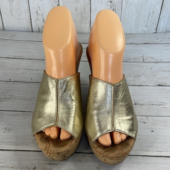 DEE KELLER gold Leather Cork Heel Wedge Platform Mule Sandals - Picture 3 of 14